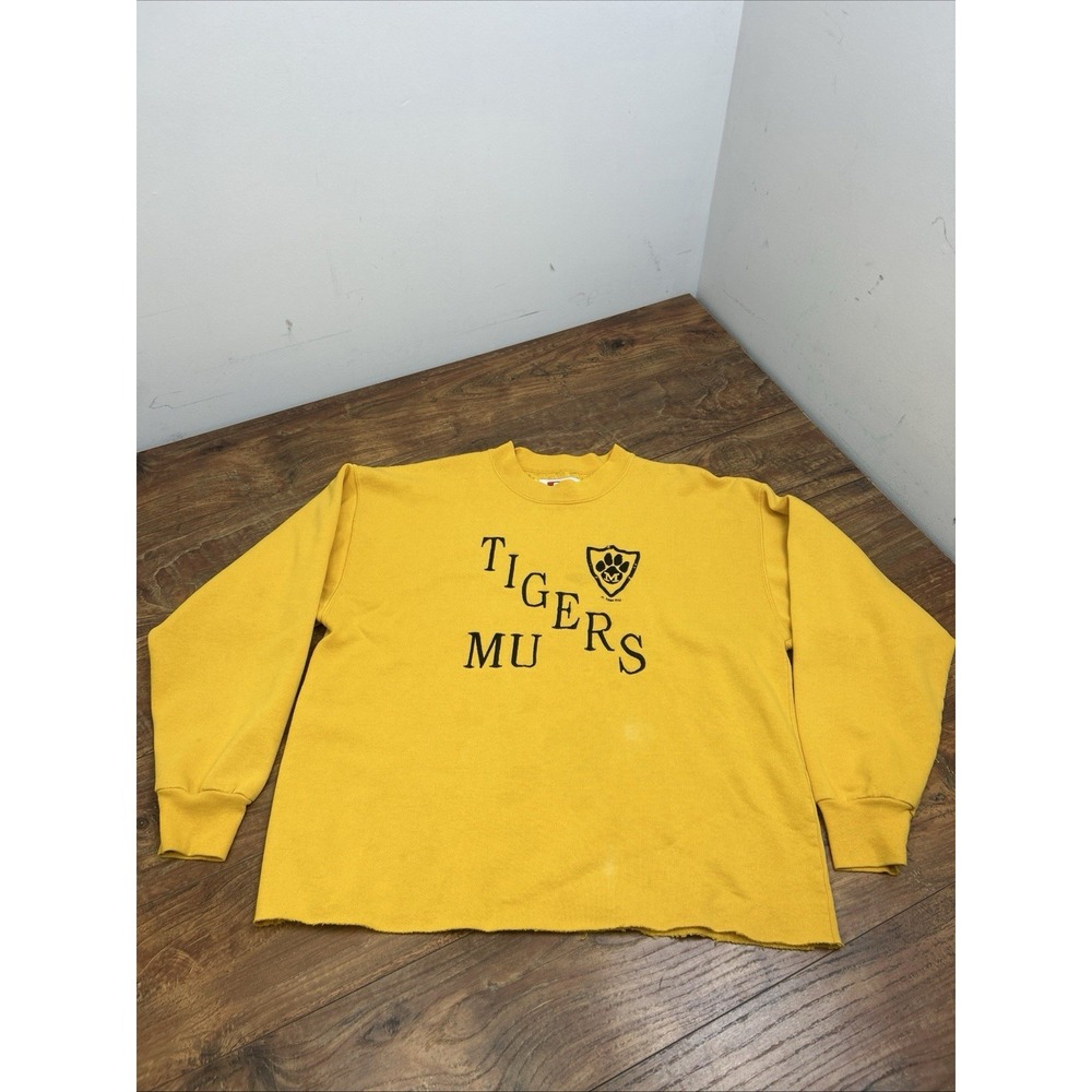Vtg 80s Dodger Missouri Tigers Mizzou NCAA Crewneck Sweatshirt Gold LRG *Cropped - Picture 2 of 16